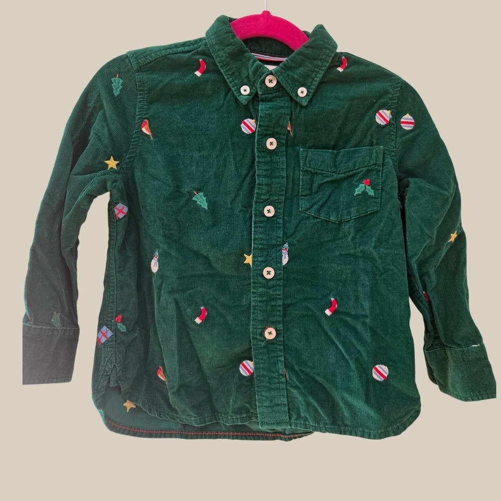 Mini Boden Boys Green Corduroy Holiday Christmas Embroidery Shirt 2-3Y 98cm